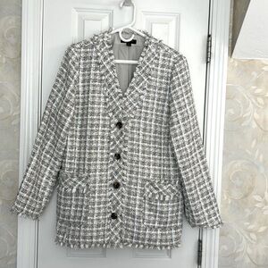Ann Taylor Tweed Long Blazer with Fringed Edges and Front Patch Pockets. EUC